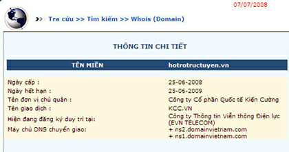Khi tra trên trang tenmien.vn của VNNIC, người sử dụng chỉ thấy thông tin về ngày cấp phát